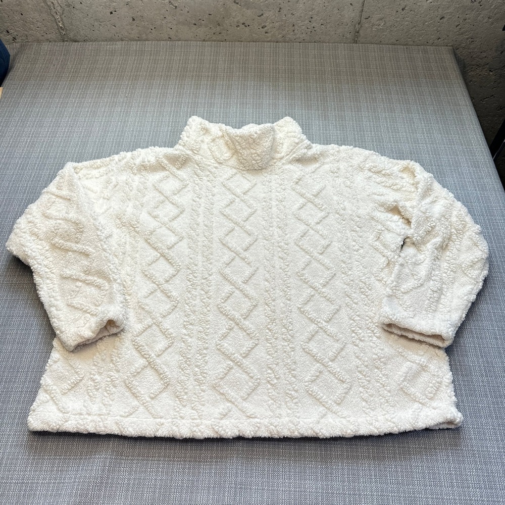 Cozy Teddy Fleece Pullover Womens XXL Ivory Sweater Cable Knit Plush Eddie Bauer